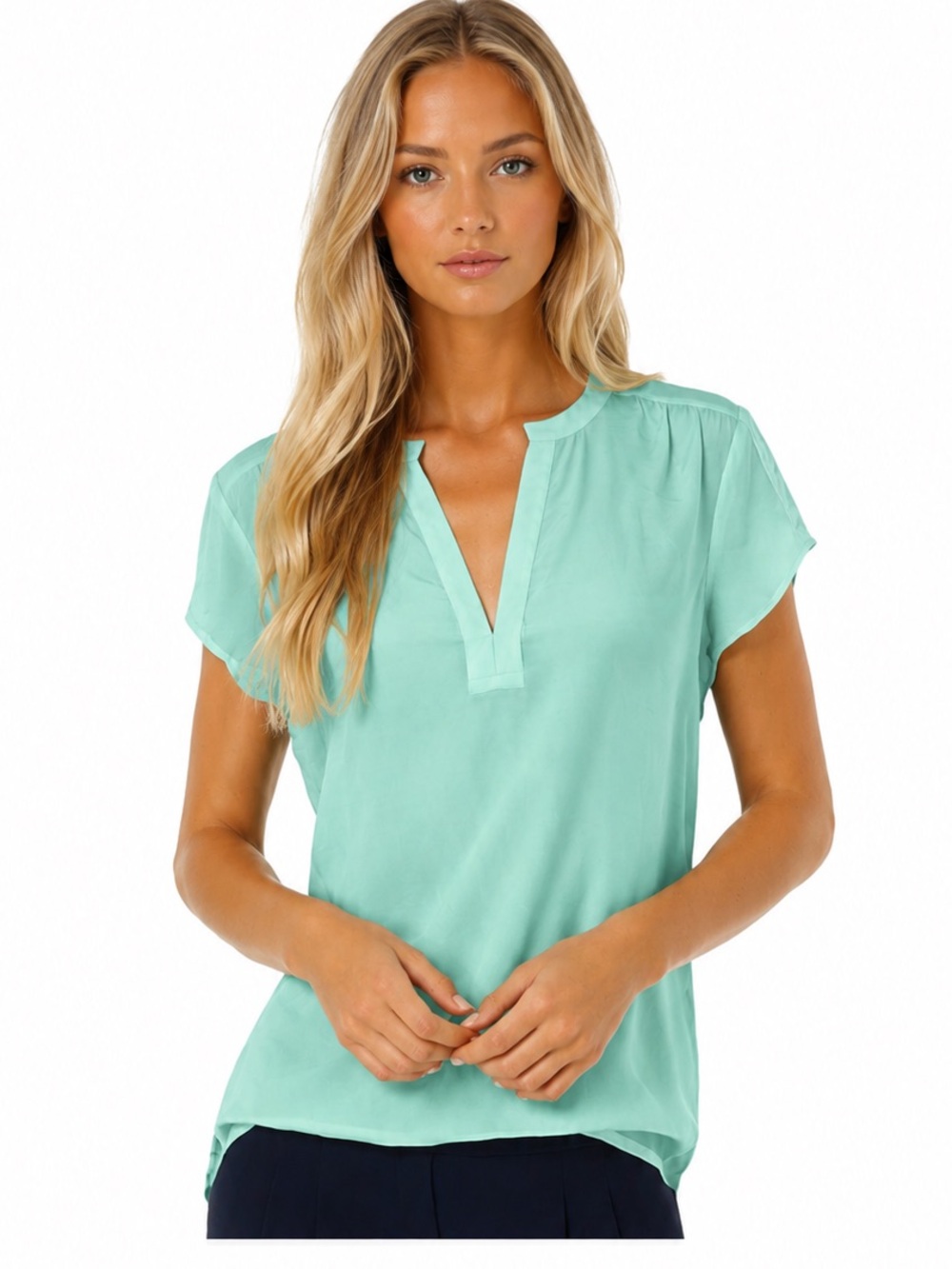 Aritzia Babaton Phillip Silk Blouse Short Sleeve Top Aqua Blue Green Size Small - Picture 2 of 9
